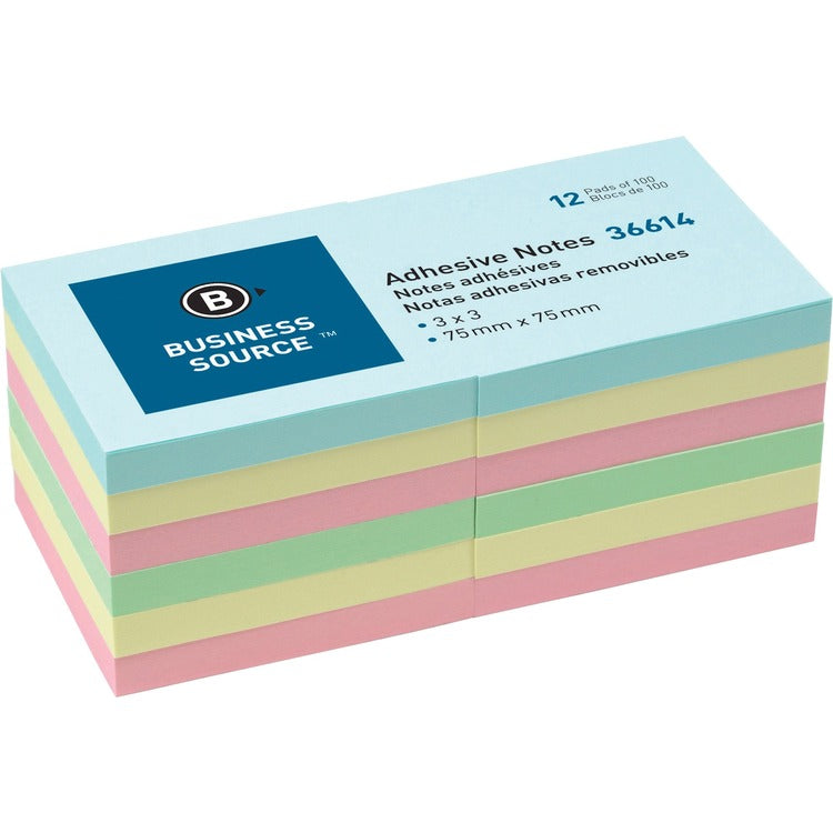 Business Source 3" Plain Pastel Colors Adhesive Notes [SKU - BSN36614]