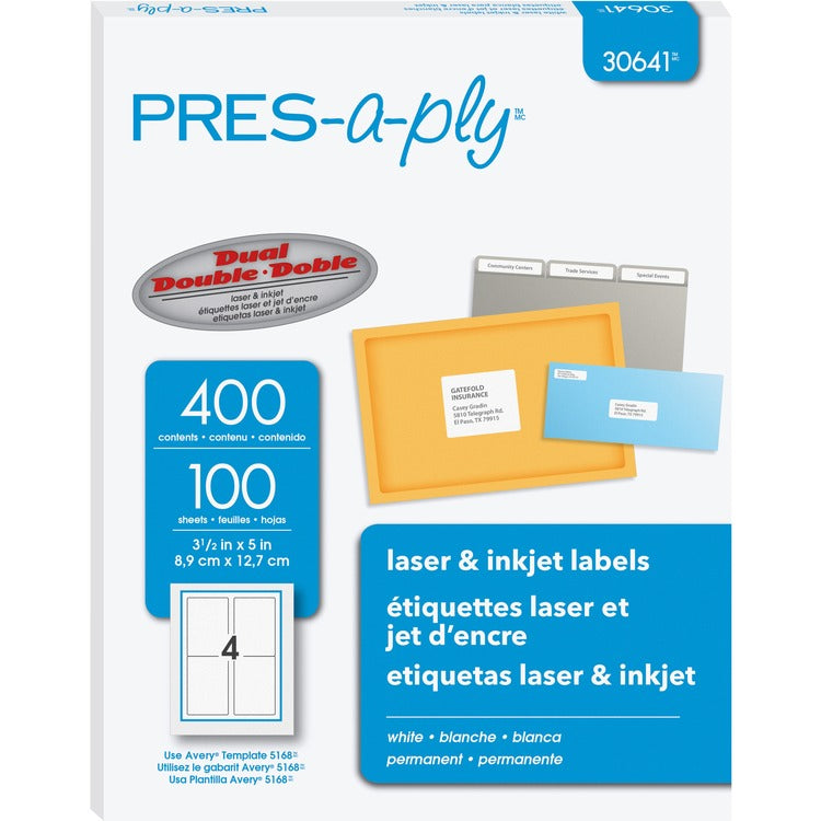 PRES-a-ply White Labels, 3-1/2" x 5" , Permanent-Adhesive, 4-up, 400 labels [SKU - AVE30641]