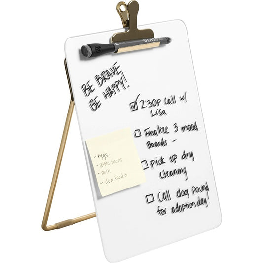U Brands Glass Dry-Erase Desktop Easel, Tempered Glass, Gold Metal Stand, Removable Clip [SKU - UBR4974A0106]